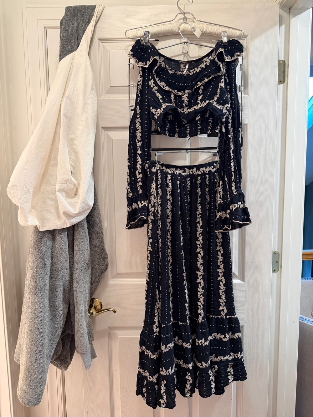 Free People Lolita 2 Piece Set Floral Ruffle Crop Top Maxi Skirt Black Cream XS